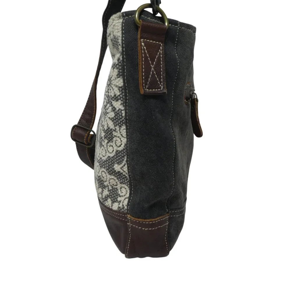 Myra Bag Brown Gray Cotton Leather Mandala Crossbody Shoulder Bag Purse - Picture 5 of 12